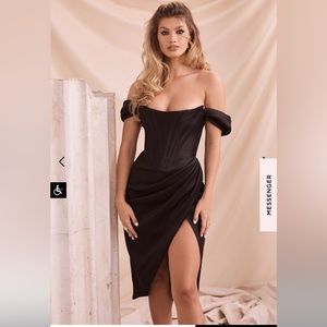 House of CB LORETTA black satin off shoulder dress L+14-16 worn once/dry cleaned